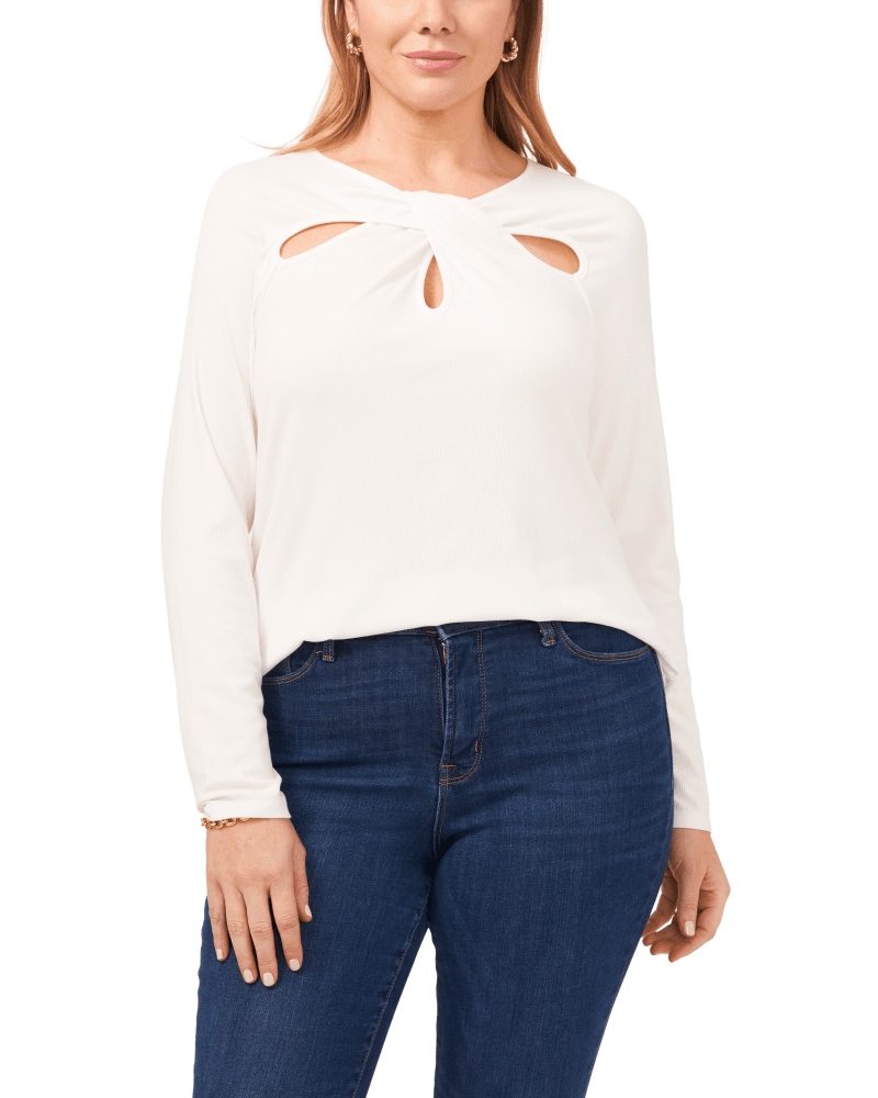 Front of a model wearing a size 0X Everly Keyhole Top in NEW IVORY by 1.State. | dia_product_style_image_id:262663